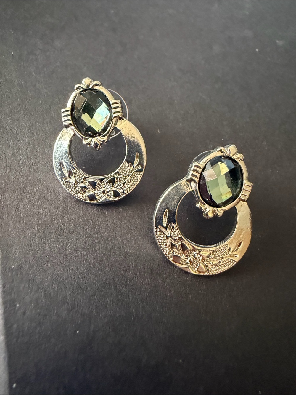 1928 Silver-Tone Hoop Earrings with Green Faceted Stones